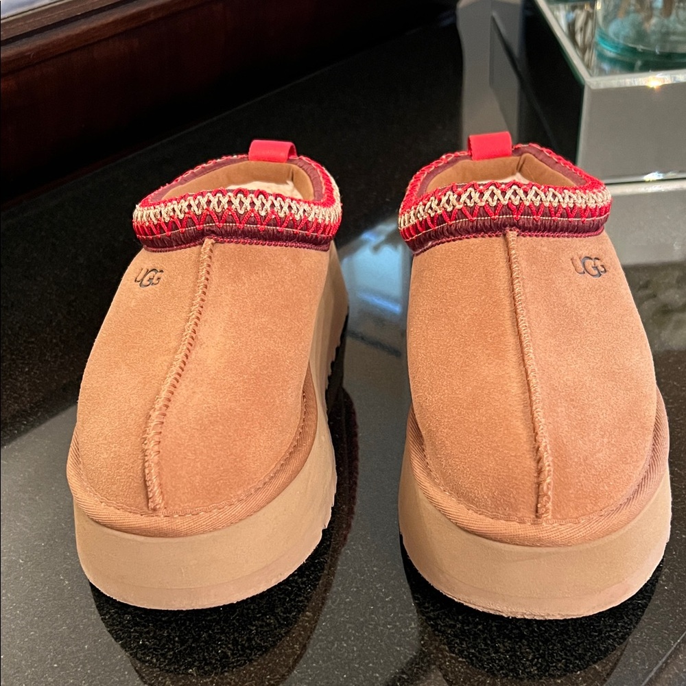 UGG Tasman II Chestnut Suede Slip-Ons with Red Patterned Trim platform slippers